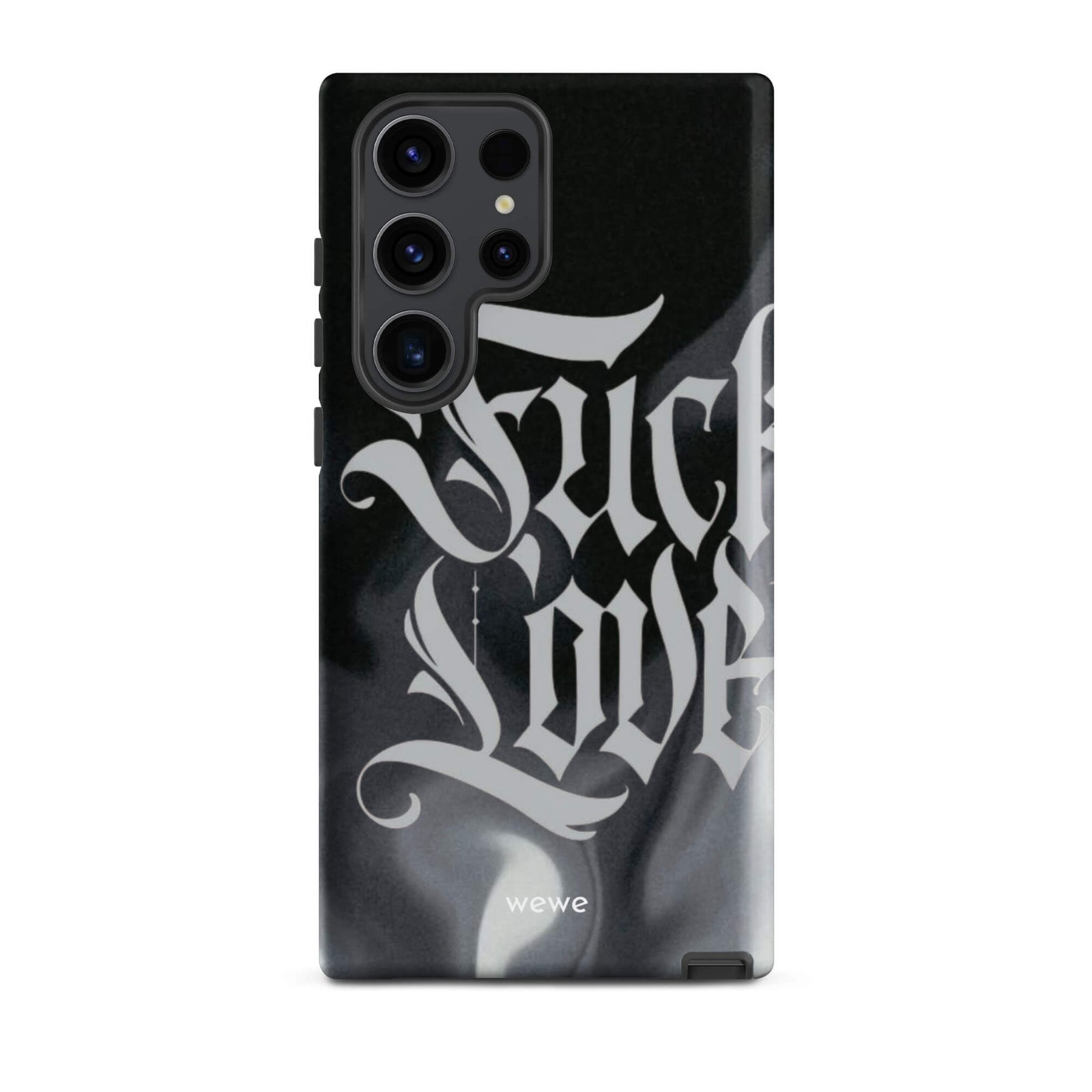 Custom samsung galaxy s23 ultra  Phone case with a black and gray smoke-like background and "Fake Love" written in white gothic script.
