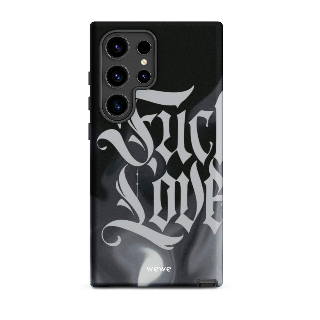 Custom samsung galaxy s24 ultra  Phone case with a black and gray smoke-like background and "Fake Love" written in white gothic script.