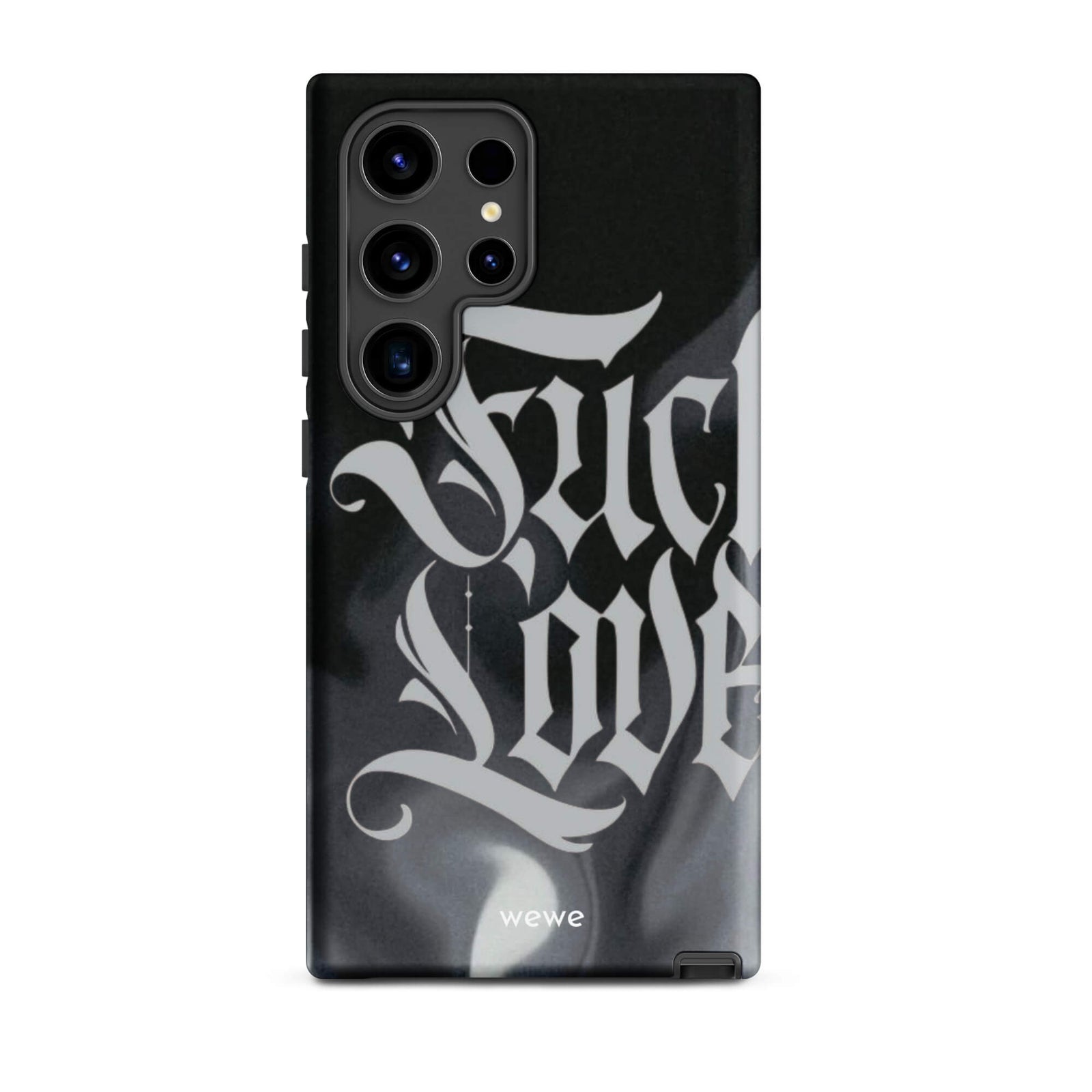Custom samsung galaxy s24 ultra  Phone case with a black and gray smoke-like background and "Fake Love" written in white gothic script.