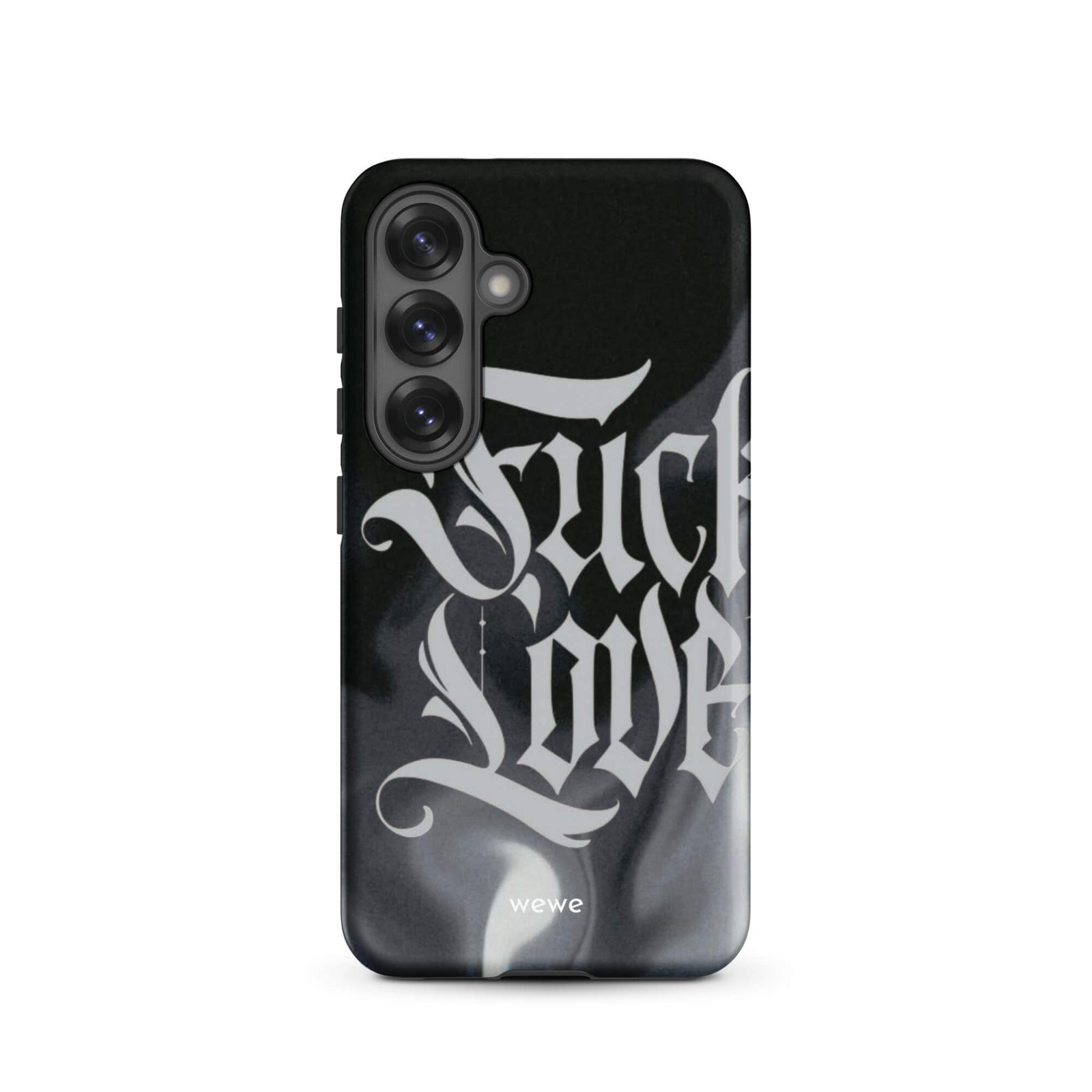 Custom samsung galaxy s25 Phone case with a black and gray smoke-like background and "Fake Love" written in white gothic script.