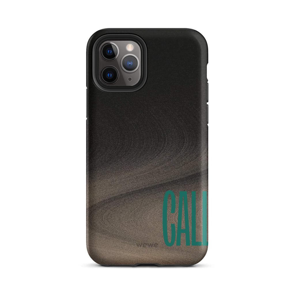 Custom iPhone case 11 pro with a black and metallic, textured grunge background and the word "CALL" repeated in a stylized green-blue font.