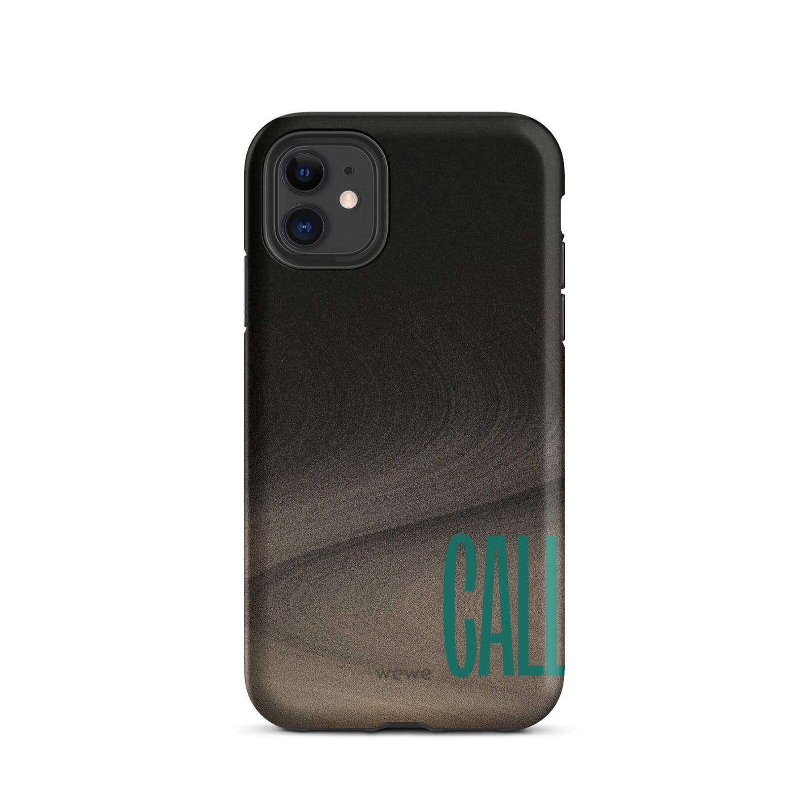 Custom iPhone case 11 with a black and metallic, textured grunge background and the word "CALL" repeated in a stylized green-blue font.