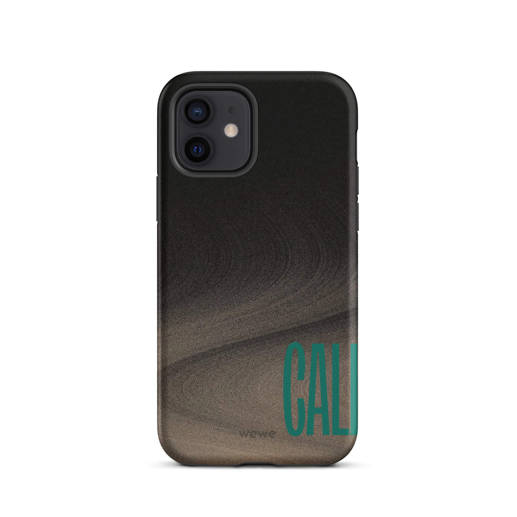 Custom iPhone case 12 with a black and metallic, textured grunge background and the word "CALL" repeated in a stylized green-blue font.