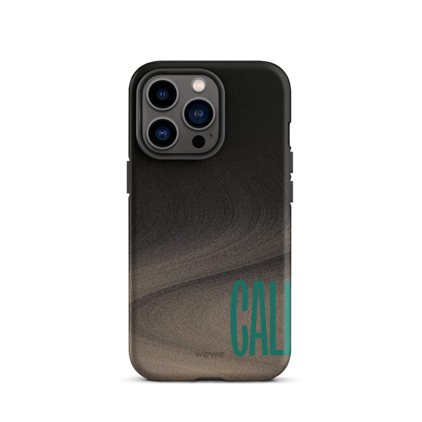 Custom iPhone case 13 pro with a black and metallic, textured grunge background and the word "CALL" repeated in a stylized green-blue font.
