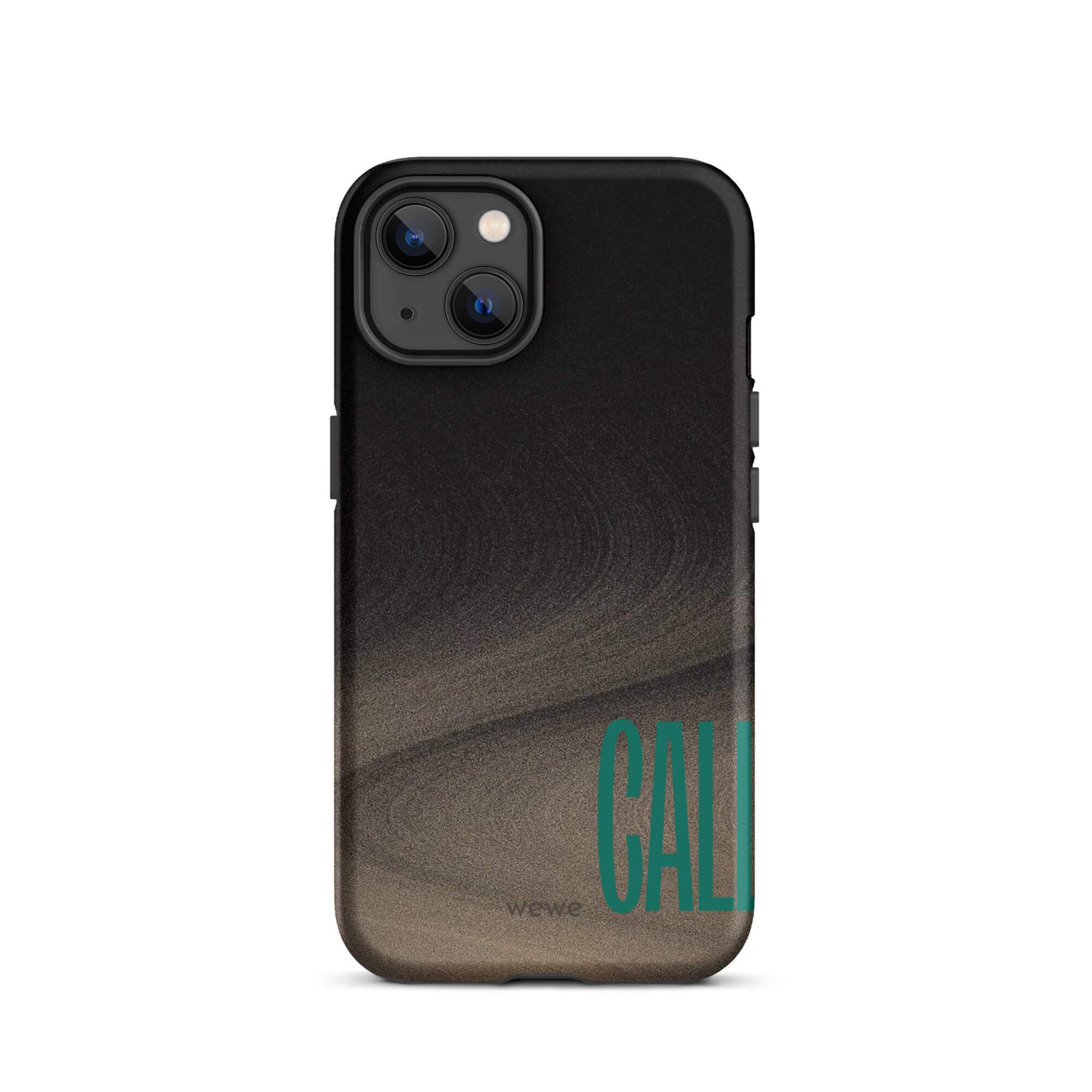 Custom iPhone case 13 with a black and metallic, textured grunge background and the word "CALL" repeated in a stylized green-blue font.
