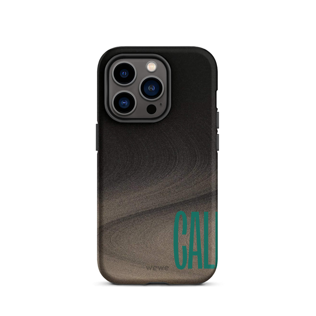 Custom iPhone case 14 pro with a black and metallic, textured grunge background and the word "CALL" repeated in a stylized green-blue font.
