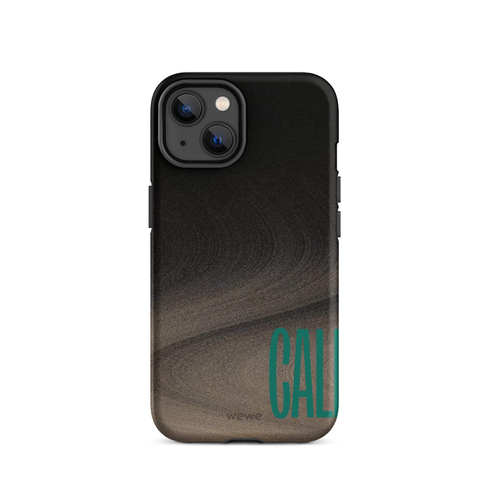 Custom iPhone case 14 with a black and metallic, textured grunge background and the word "CALL" repeated in a stylized green-blue font.