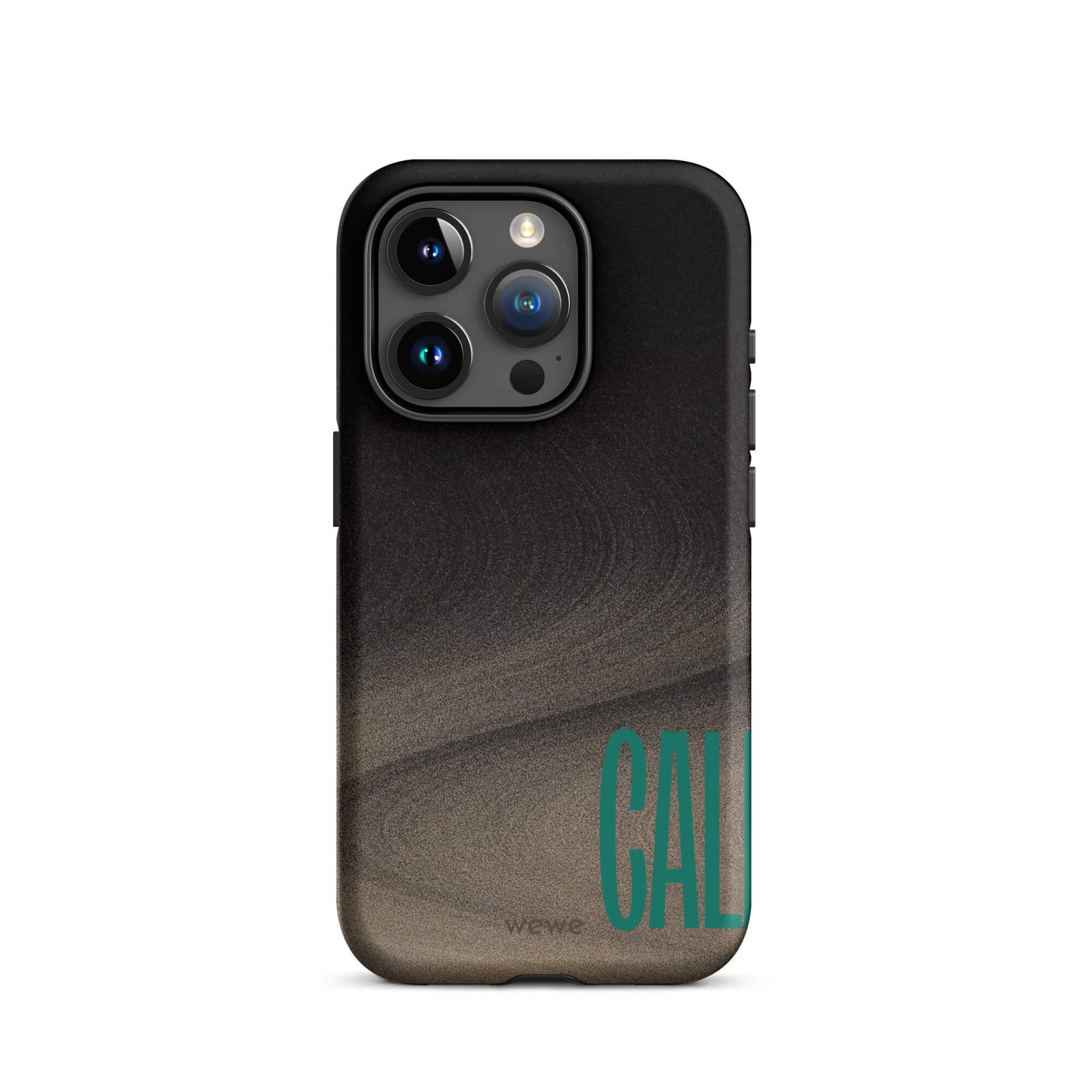 Custom iPhone case 15 pro with a black and metallic, textured grunge background and the word "CALL" repeated in a stylized green-blue font.
