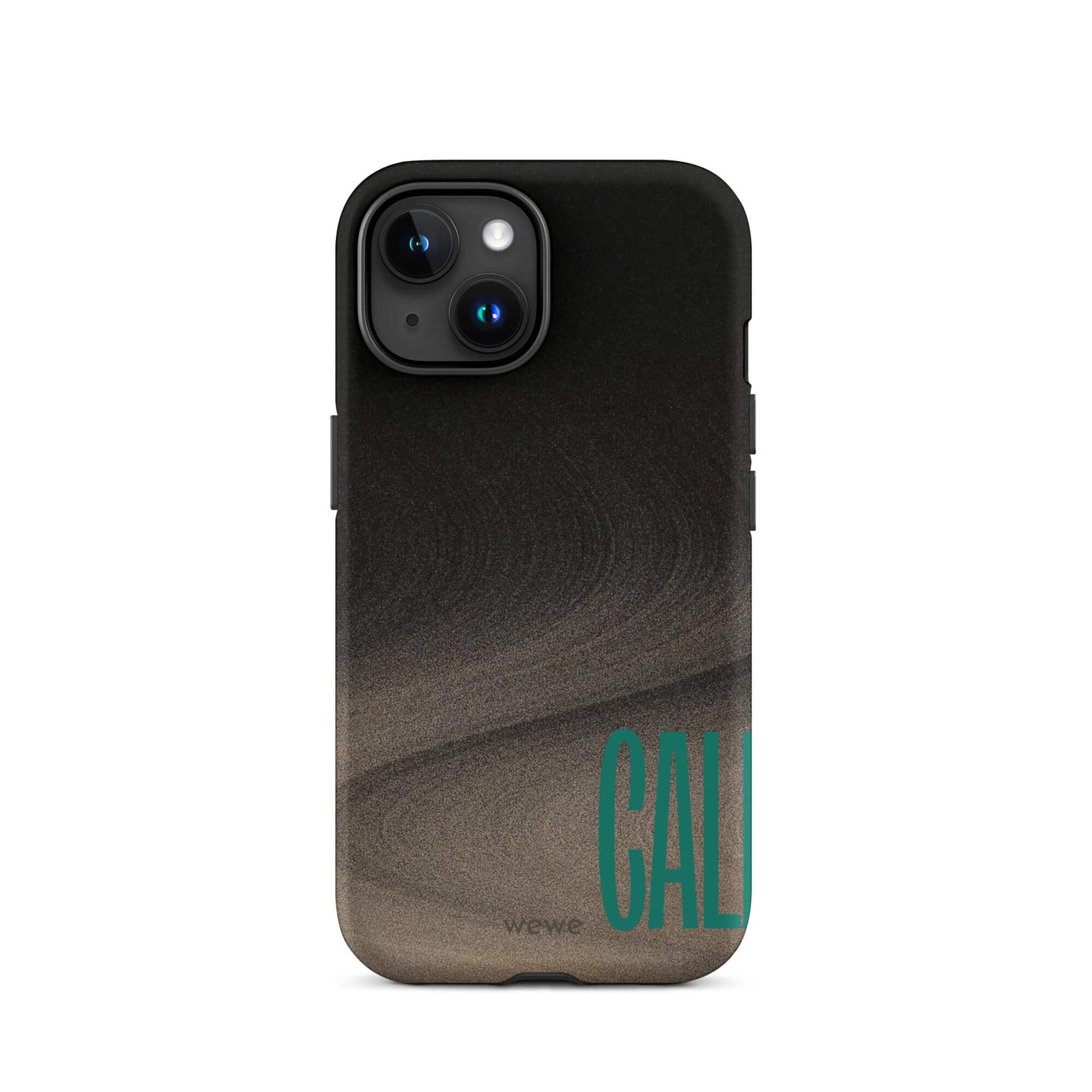 Custom iPhone case 15 with a black and metallic, textured grunge background and the word "CALL" repeated in a stylized green-blue font.
