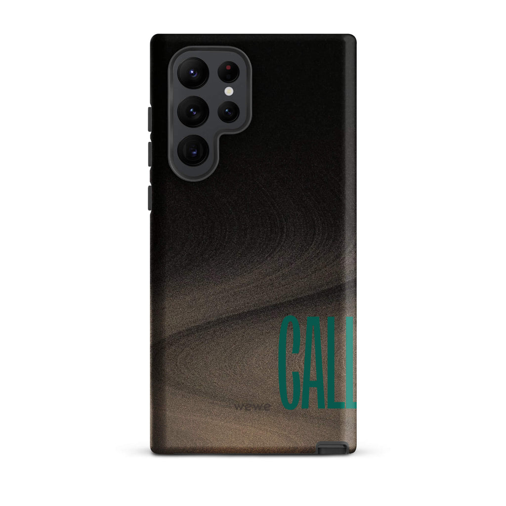 Custom samsung galaxy s22 ultra  Phone case with a black and metallic, textured grunge background and the word "CALL" repeated in a stylized green-blue font.