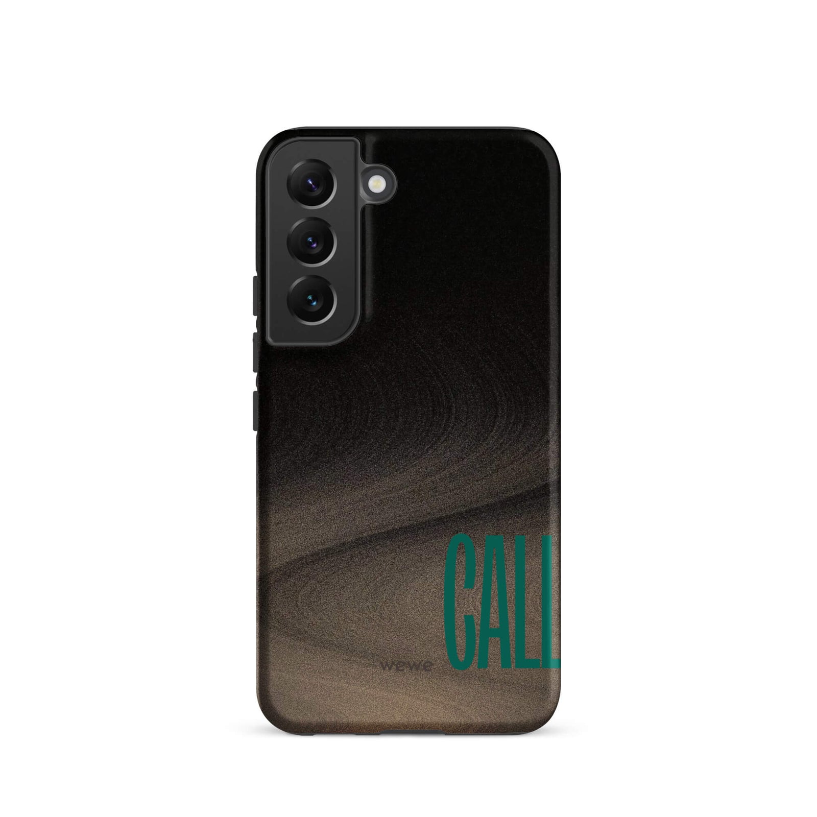 Custom samsung galaxy s22 Phone case with a black and metallic, textured grunge background and the word "CALL" repeated in a stylized green-blue font.