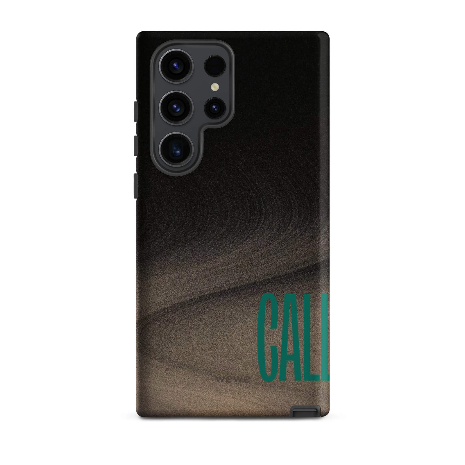 Custom samsung galaxy s23 ultra  Phone case with a black and metallic, textured grunge background and the word "CALL" repeated in a stylized green-blue font.
