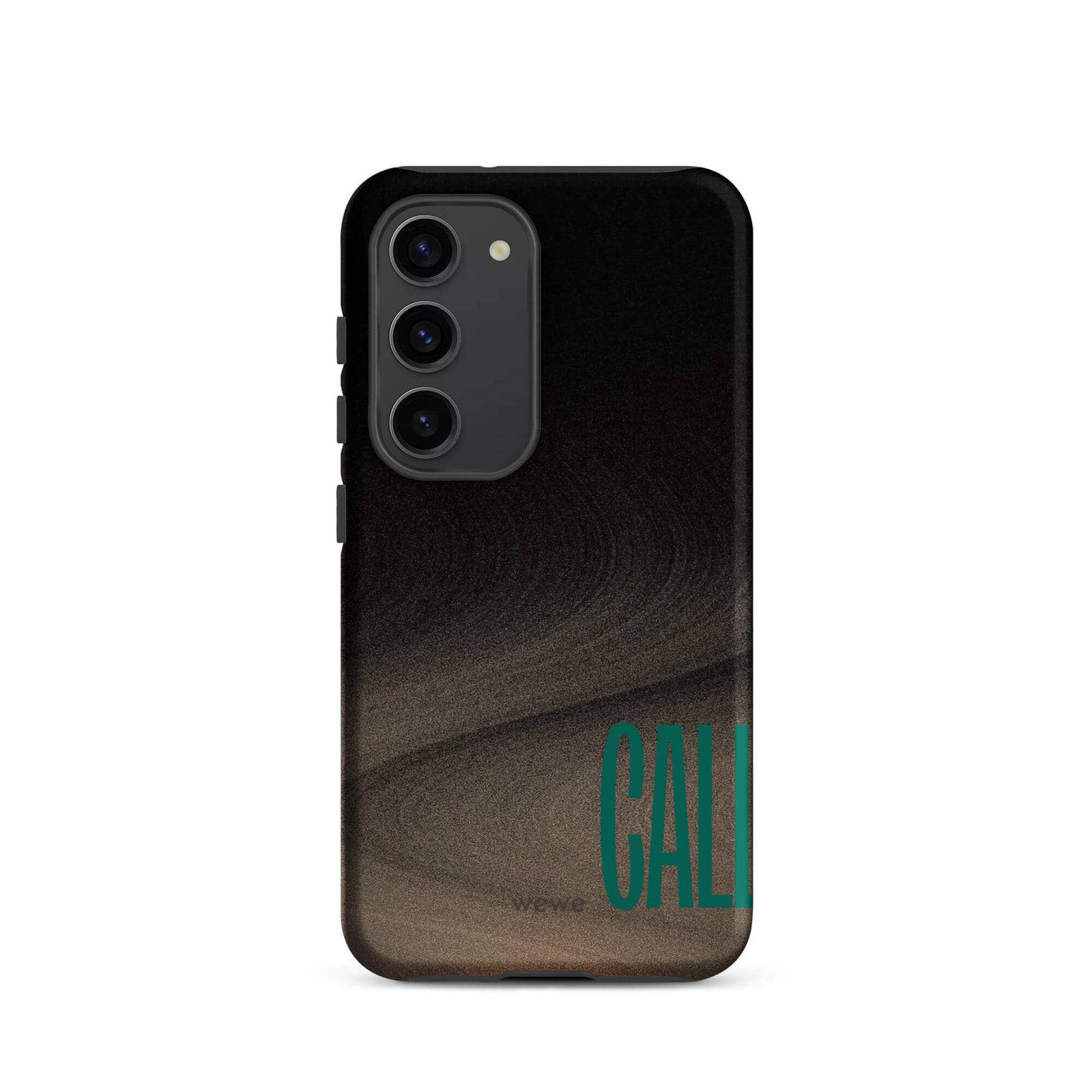 Custom samsung galaxy s23 Phone case with a black and metallic, textured grunge background and the word "CALL" repeated in a stylized green-blue font.