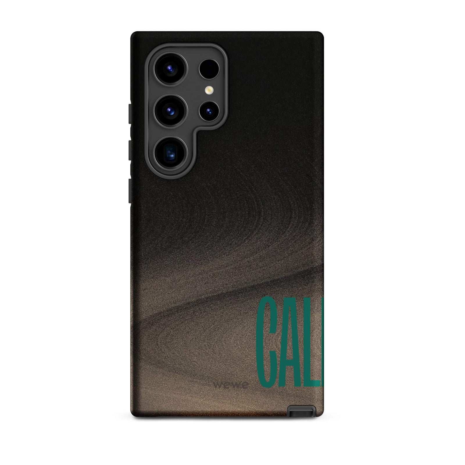 Custom samsung galaxy s24 ultra  Phone case with a black and metallic, textured grunge background and the word "CALL" repeated in a stylized green-blue font.