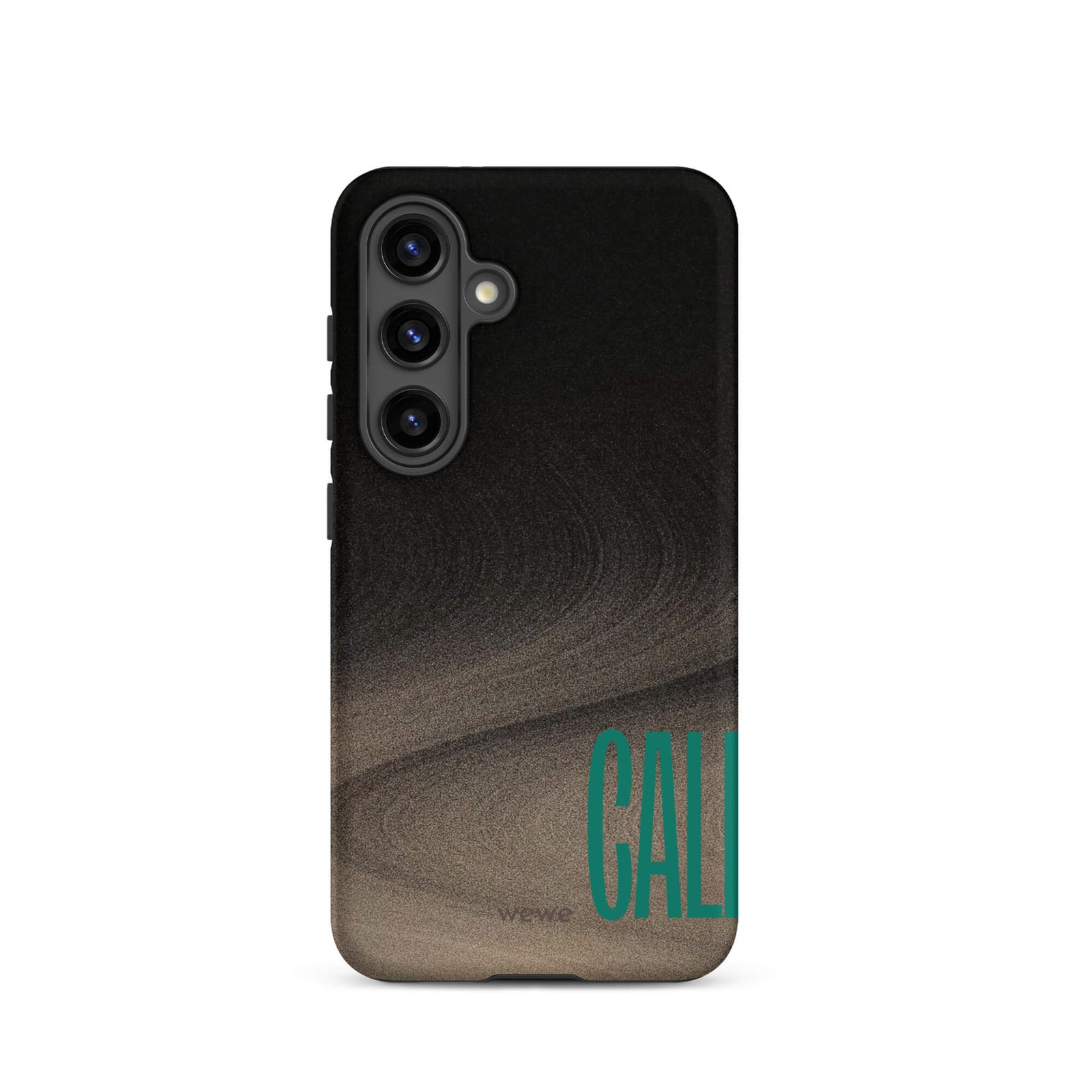 Custom samsung galaxy s24 Phone case with a black and metallic, textured grunge background and the word "CALL" repeated in a stylized green-blue font.