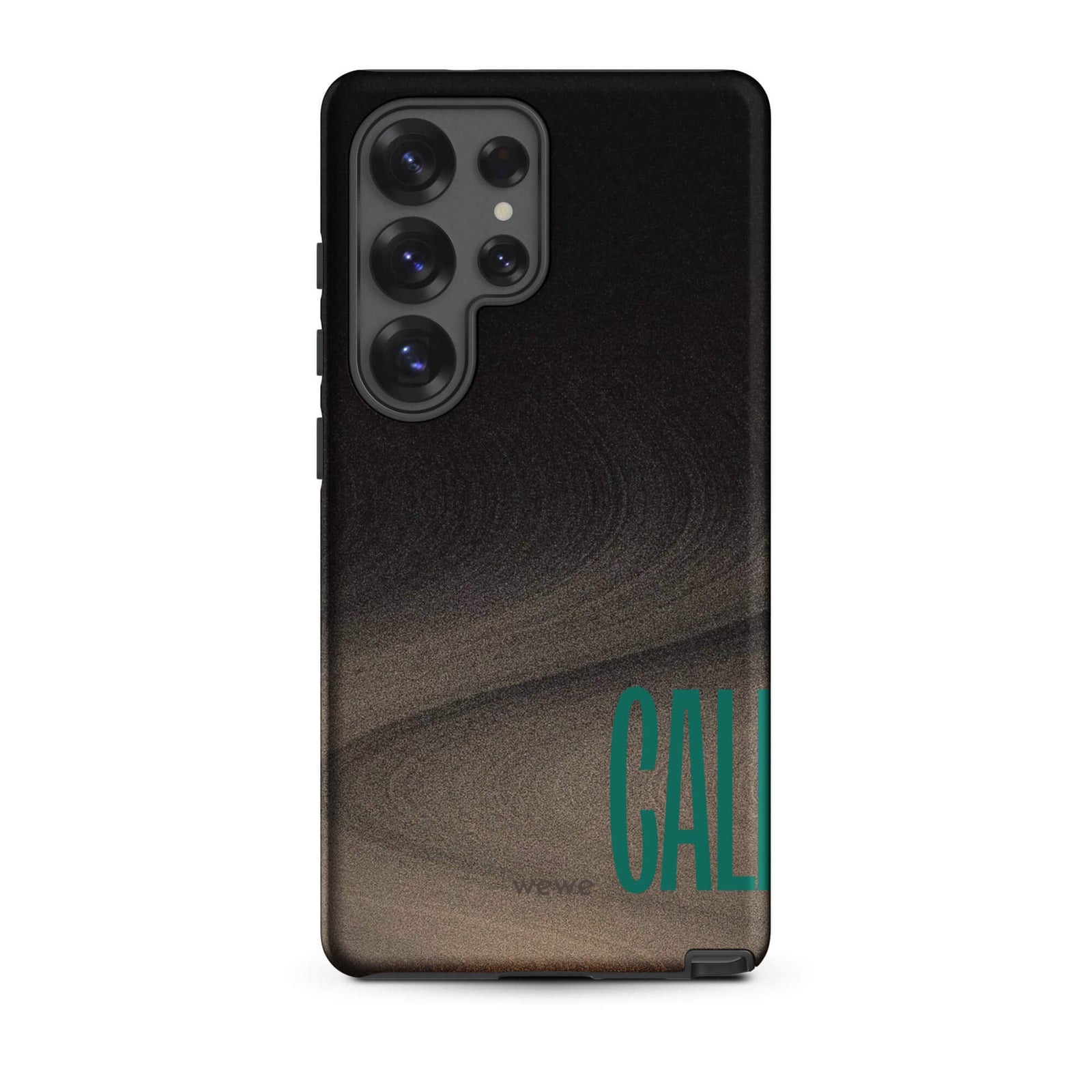 Custom samsung galaxy s25 ultra  Phone case with a black and metallic, textured grunge background and the word "CALL" repeated in a stylized green-blue font.