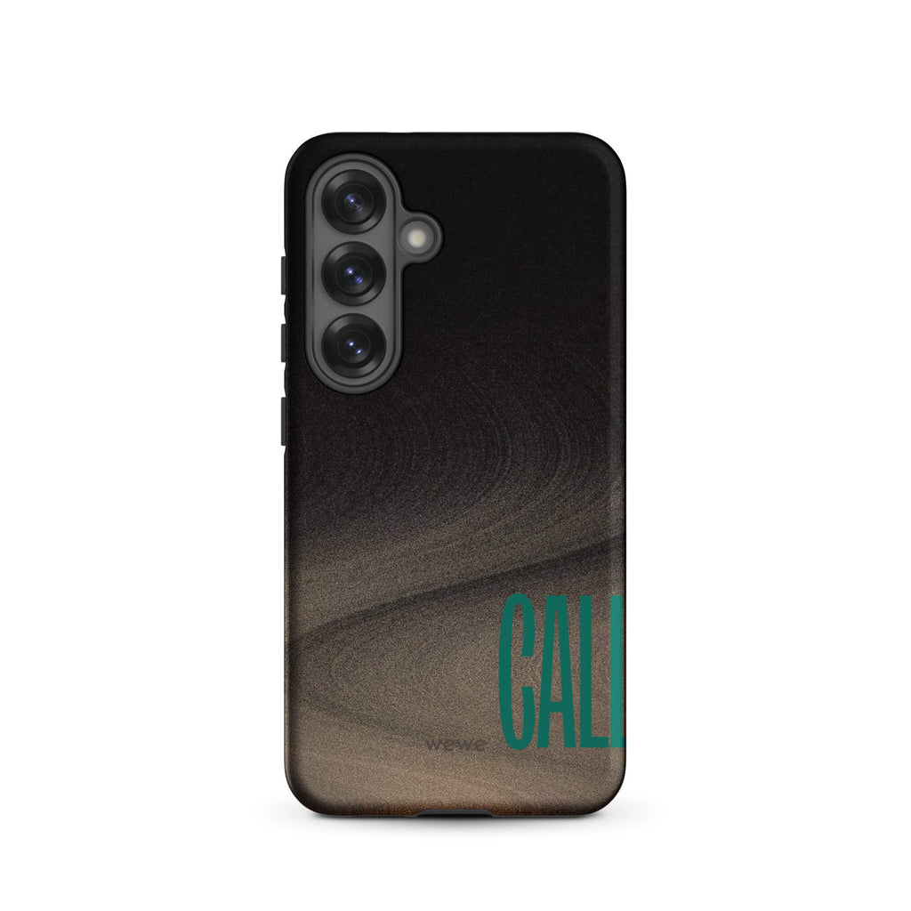 Custom samsung galaxy s25 Phone case with a black and metallic, textured grunge background and the word "CALL" repeated in a stylized green-blue font.