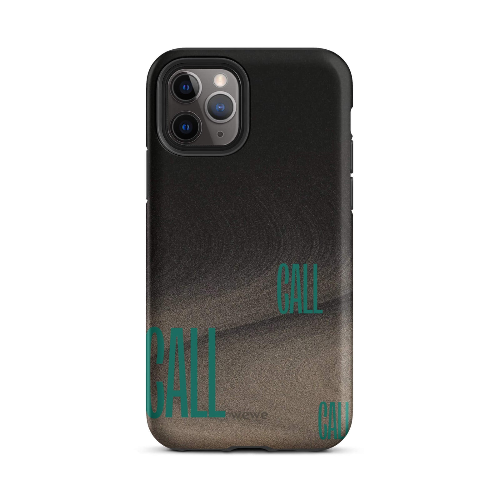 Custom iPhone case 11 pro with a black and metallic, textured grunge background and the word "CALL" repeated in a stylized green-blue font.
