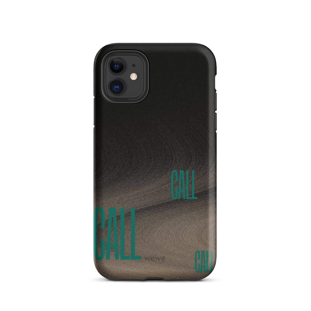 Custom iPhone case 11 with a black and metallic, textured grunge background and the word "CALL" repeated in a stylized green-blue font.
