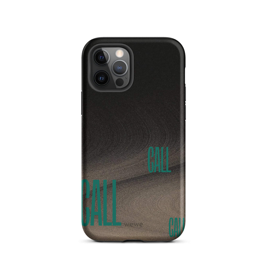 Custom iPhone case 12 pro with a black and metallic, textured grunge background and the word "CALL" repeated in a stylized green-blue font.