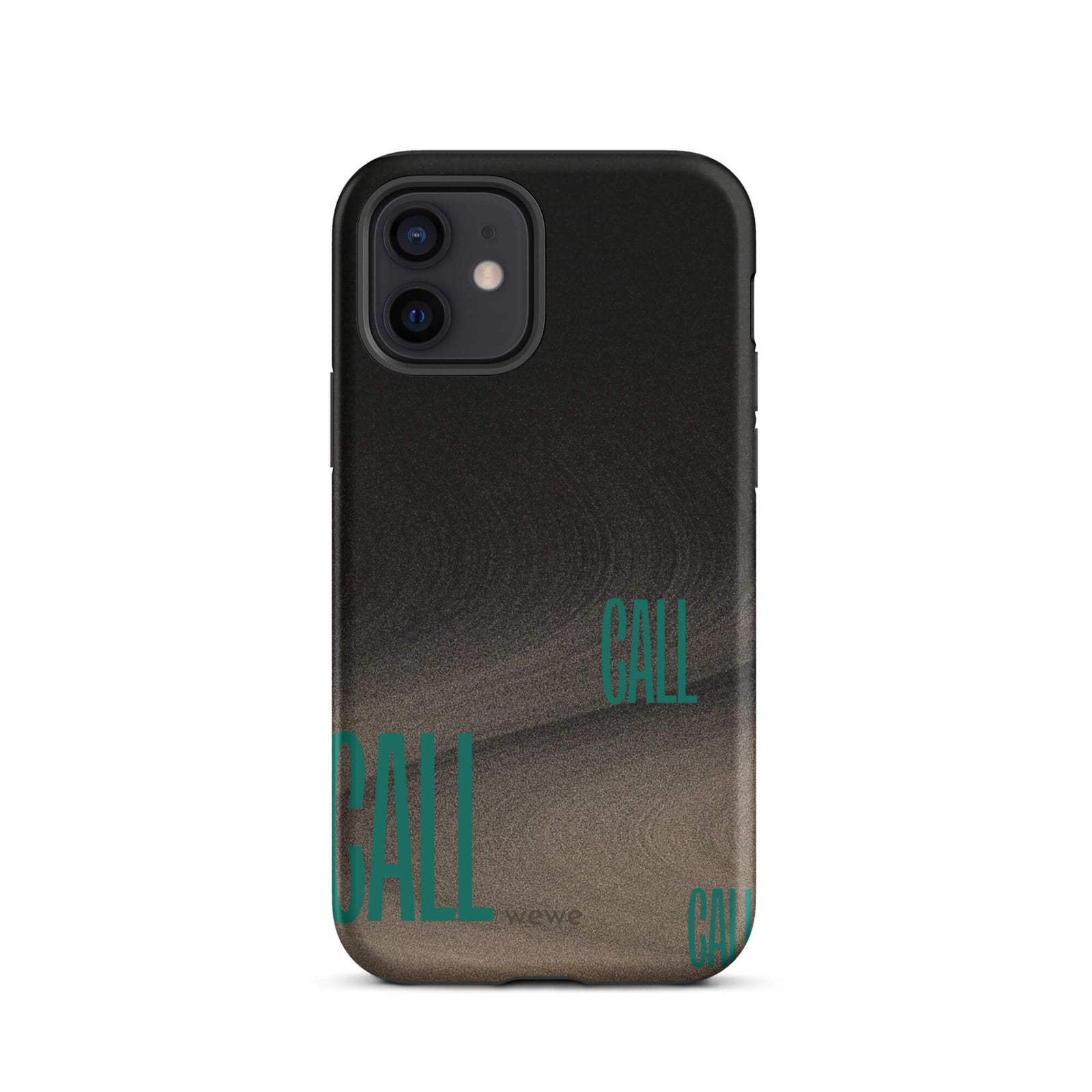 Custom iPhone case 12 with a black and metallic, textured grunge background and the word "CALL" repeated in a stylized green-blue font.