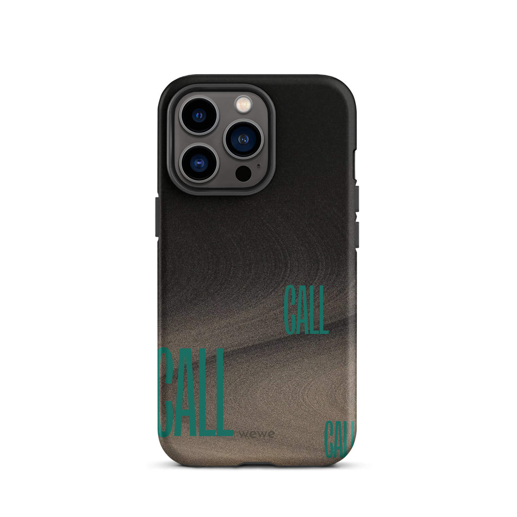 Custom iPhone case 13 pro with a black and metallic, textured grunge background and the word "CALL" repeated in a stylized green-blue font.
