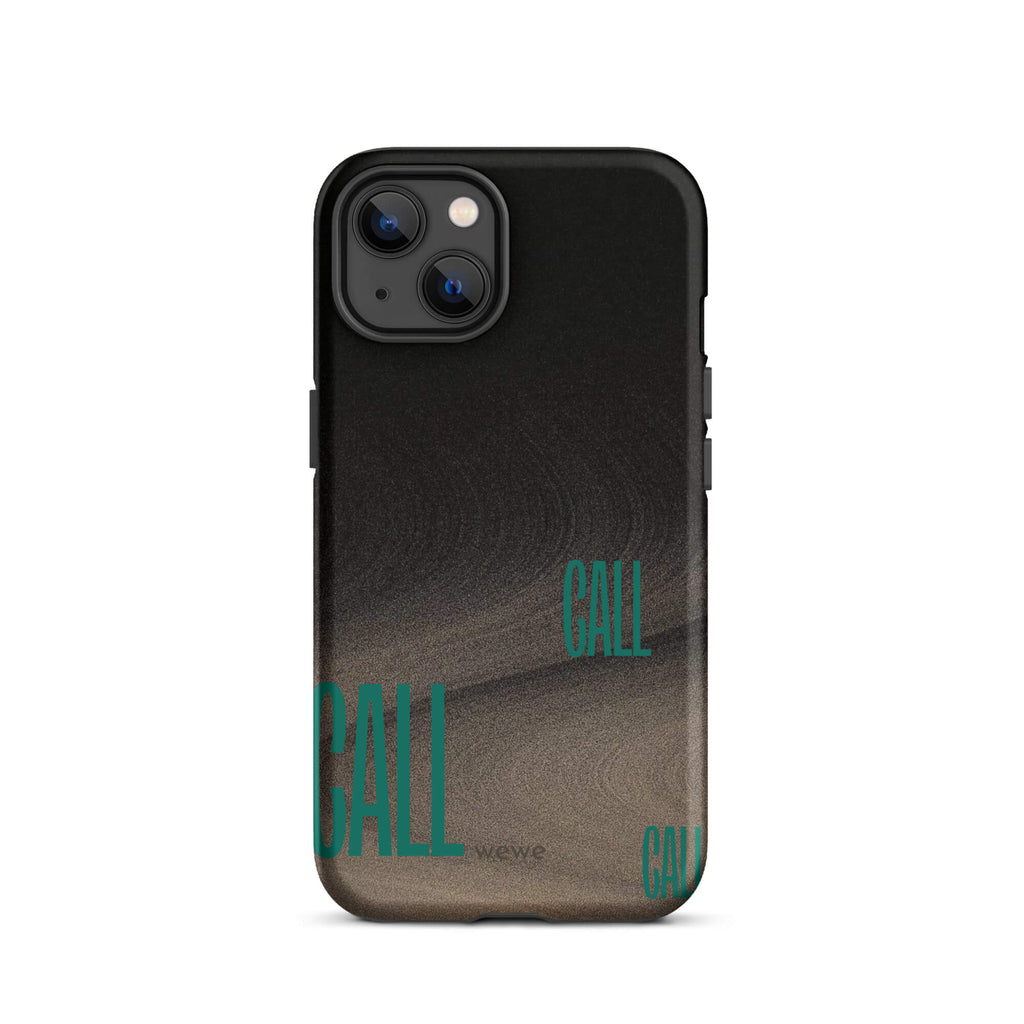 Custom iPhone case 13 with a black and metallic, textured grunge background and the word "CALL" repeated in a stylized green-blue font.