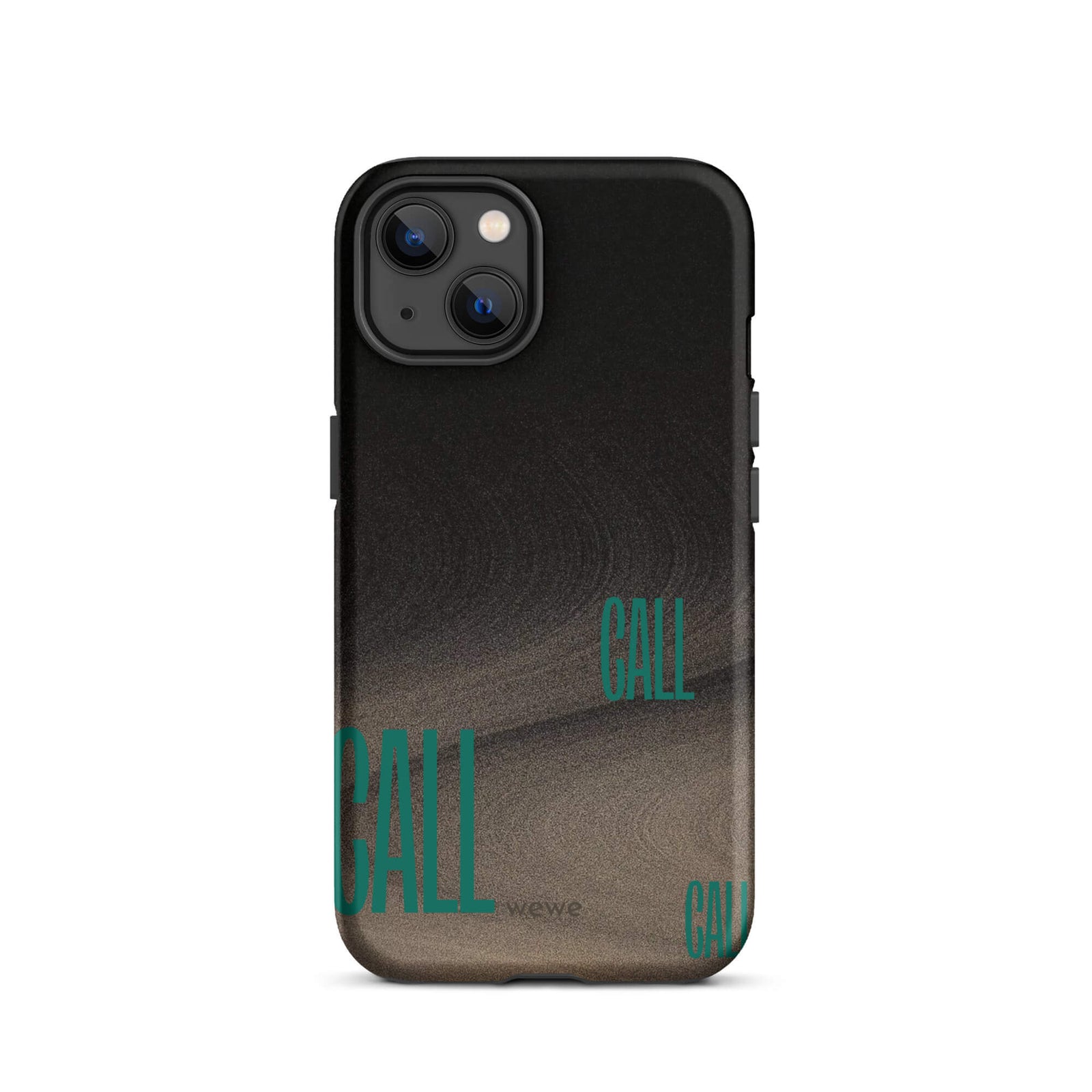 Custom iPhone case 13 with a black and metallic, textured grunge background and the word "CALL" repeated in a stylized green-blue font.