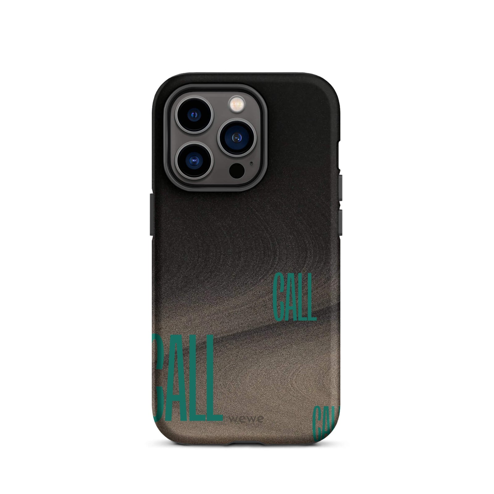 Custom iPhone case 14 pro with a black and metallic, textured grunge background and the word "CALL" repeated in a stylized green-blue font.