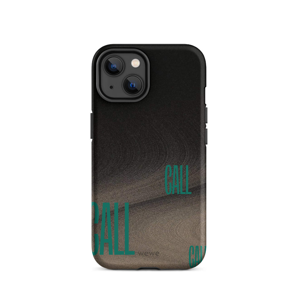 Custom iPhone case 14 with a black and metallic, textured grunge background and the word "CALL" repeated in a stylized green-blue font.
