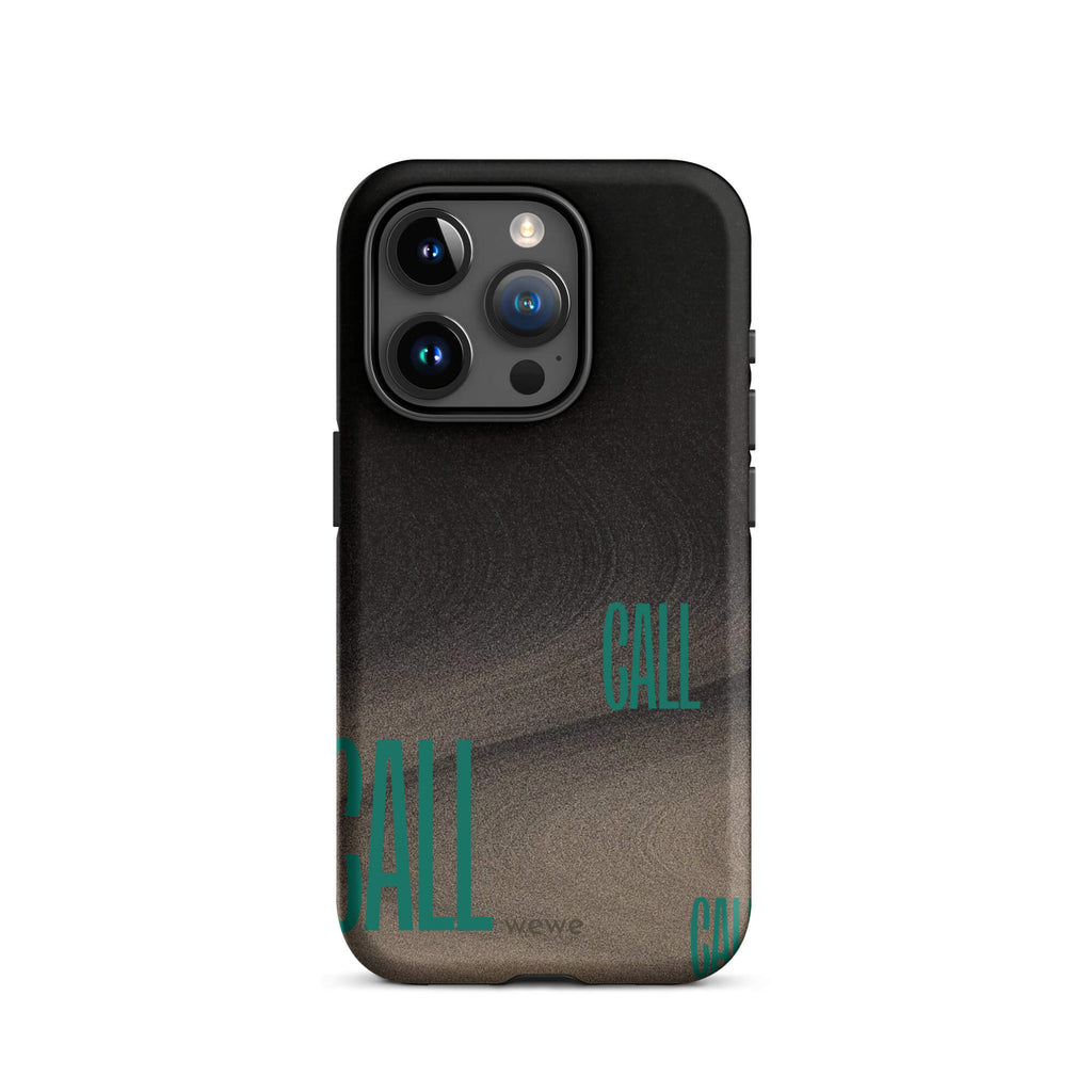 Custom iPhone case 15 pro with a black and metallic, textured grunge background and the word "CALL" repeated in a stylized green-blue font.