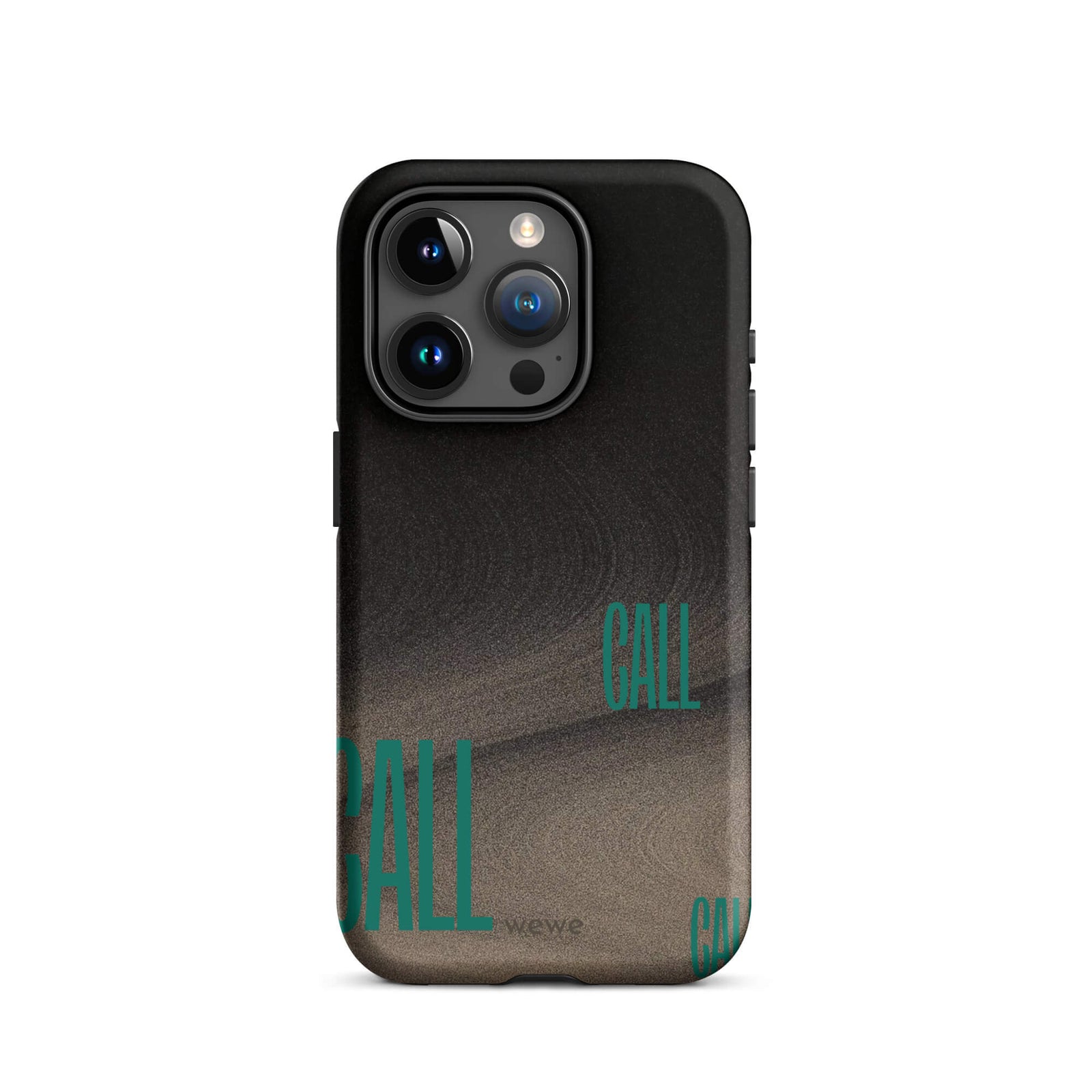 Custom iPhone case 15 pro with a black and metallic, textured grunge background and the word "CALL" repeated in a stylized green-blue font.
