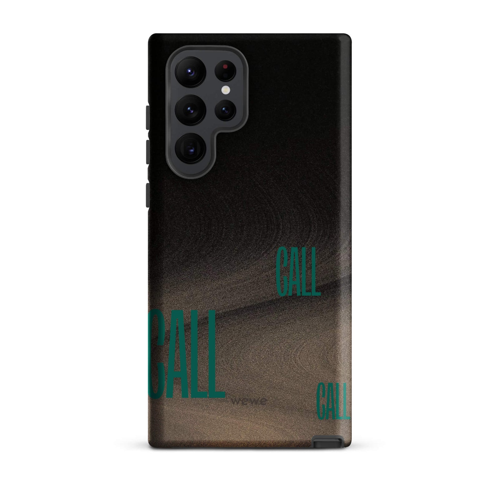 Custom samsunng galaxy s22 ultra  Phone case with a black and metallic, textured grunge background and the word "CALL" repeated in a stylized green-blue font.