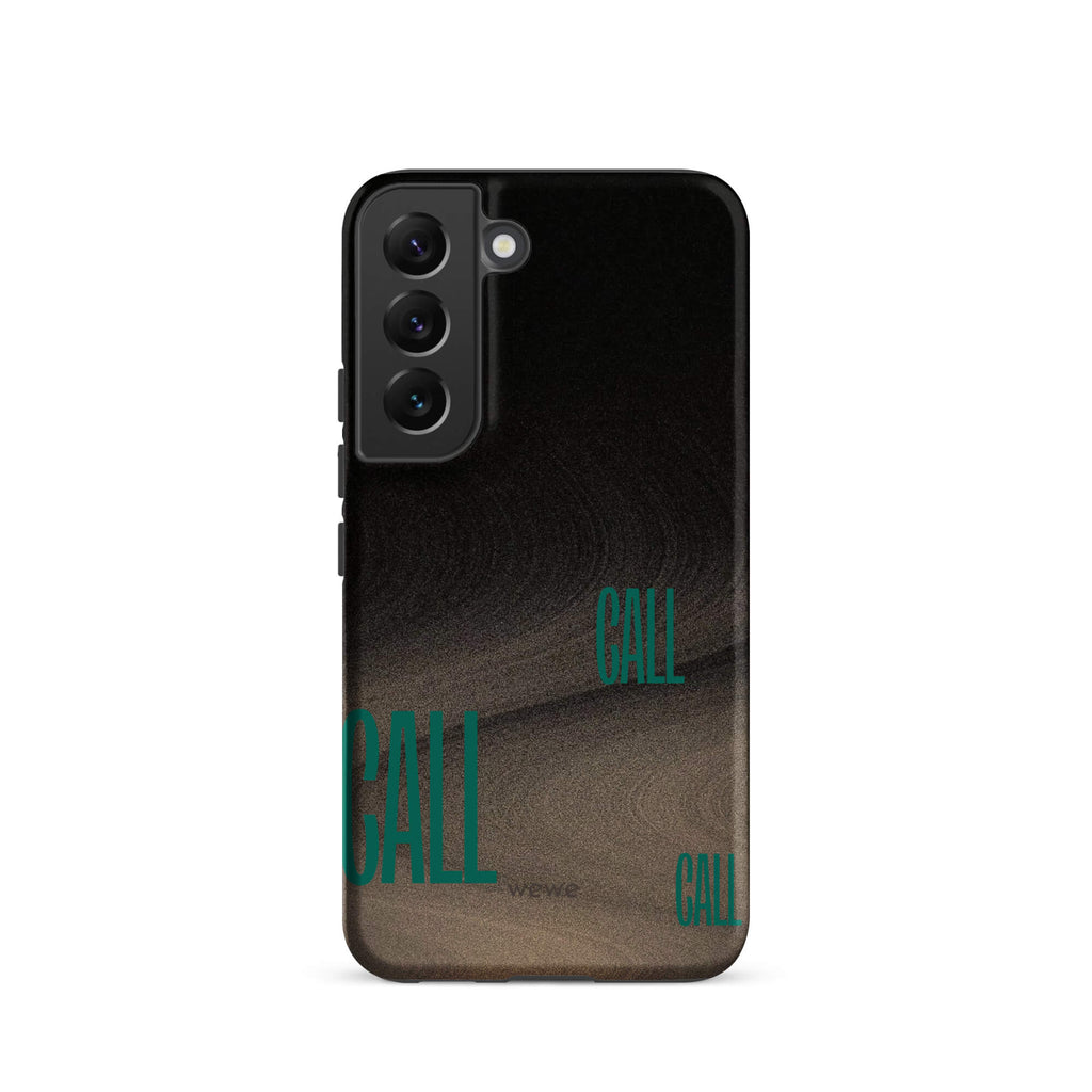 Custom samsunng galaxy s22 Phone case with a black and metallic, textured grunge background and the word "CALL" repeated in a stylized green-blue font.