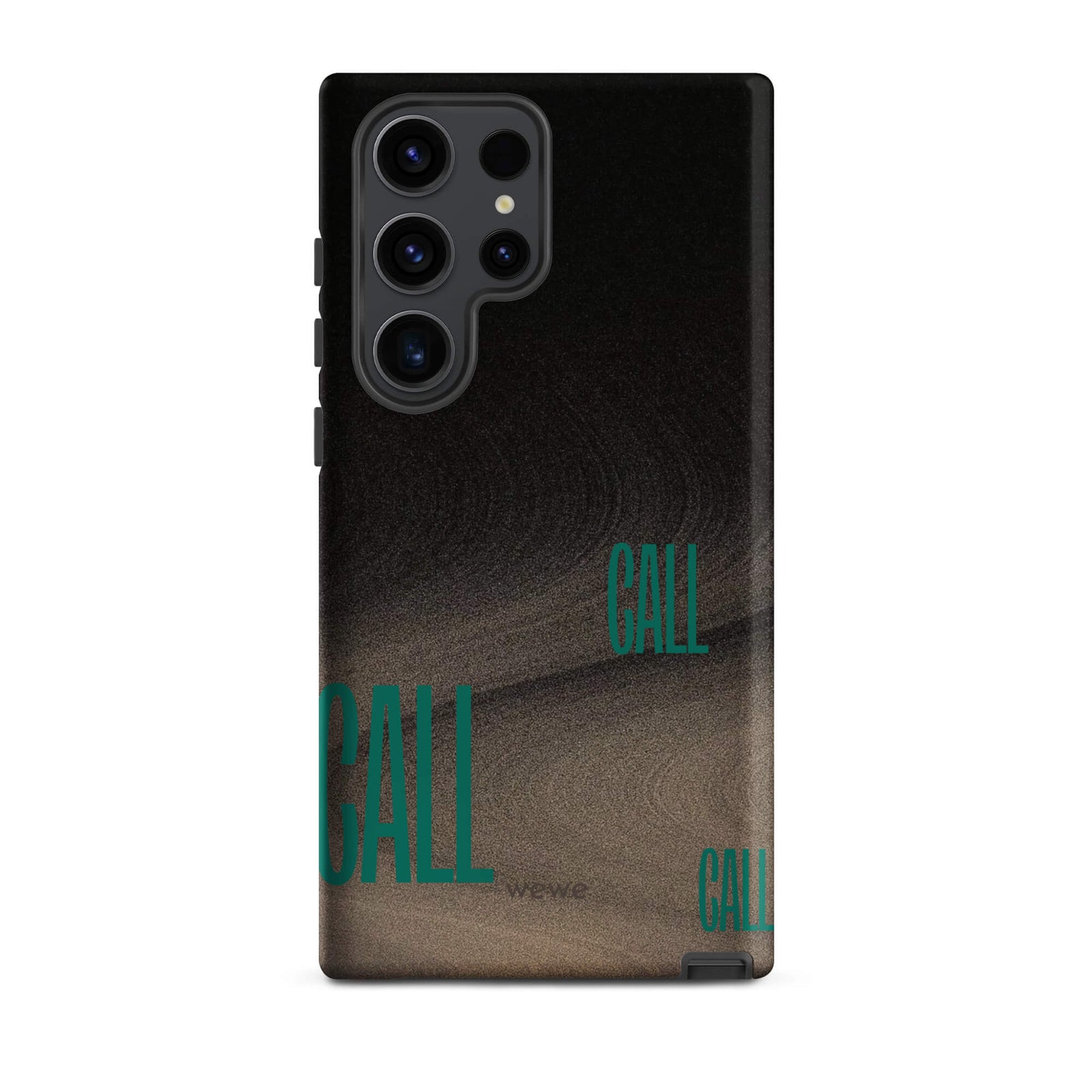 Custom samsunng galaxy s23 ultra  Phone case with a black and metallic, textured grunge background and the word "CALL" repeated in a stylized green-blue font.