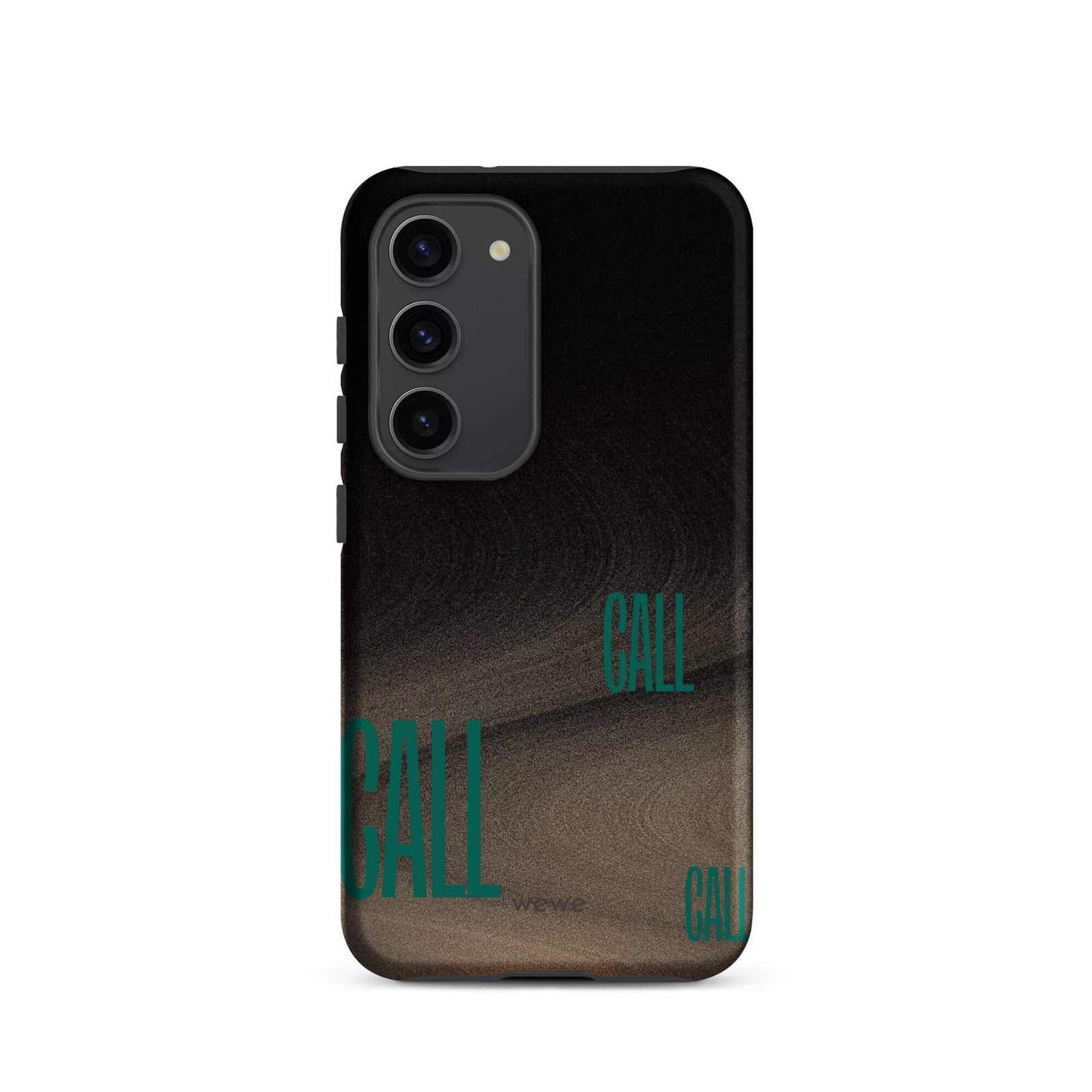 Custom samsunng galaxy s23 Phone case with a black and metallic, textured grunge background and the word "CALL" repeated in a stylized green-blue font.