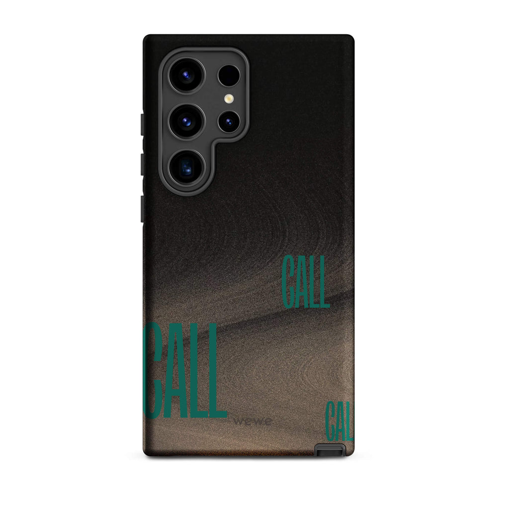 Custom samsunng galaxy s24 ultra  Phone case with a black and metallic, textured grunge background and the word "CALL" repeated in a stylized green-blue font.