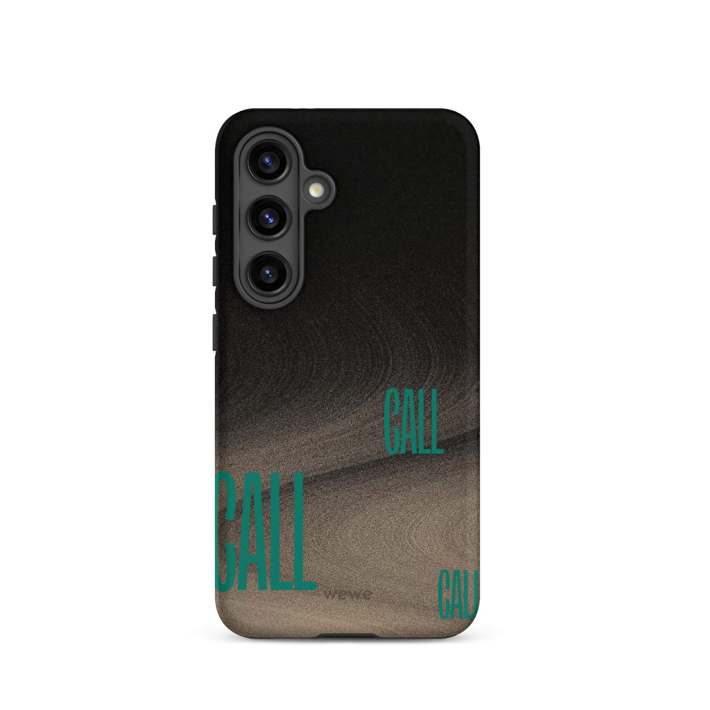 Custom samsunng galaxy s24 Phone case with a black and metallic, textured grunge background and the word "CALL" repeated in a stylized green-blue font.