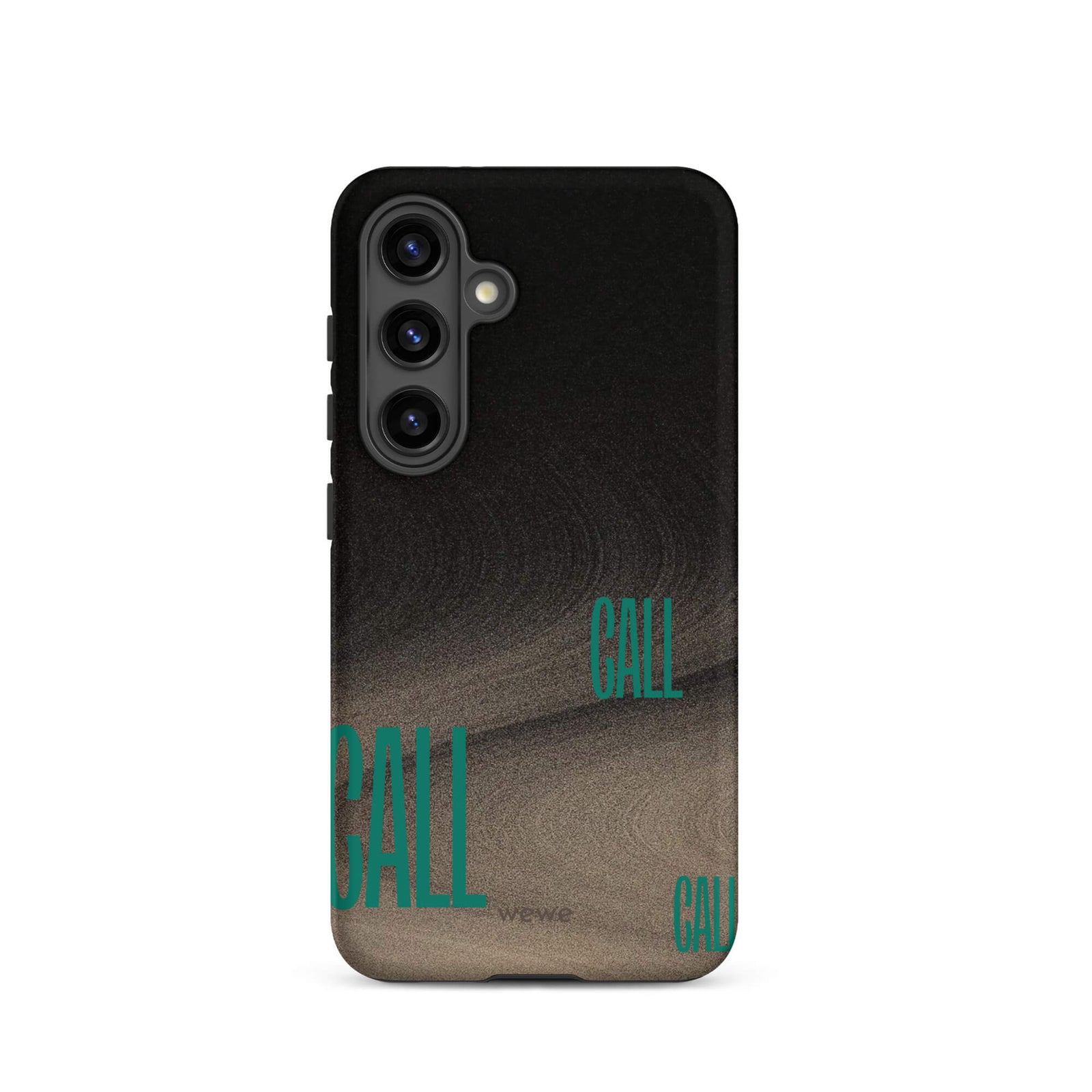 Custom samsunng galaxy s24 Phone case with a black and metallic, textured grunge background and the word "CALL" repeated in a stylized green-blue font.