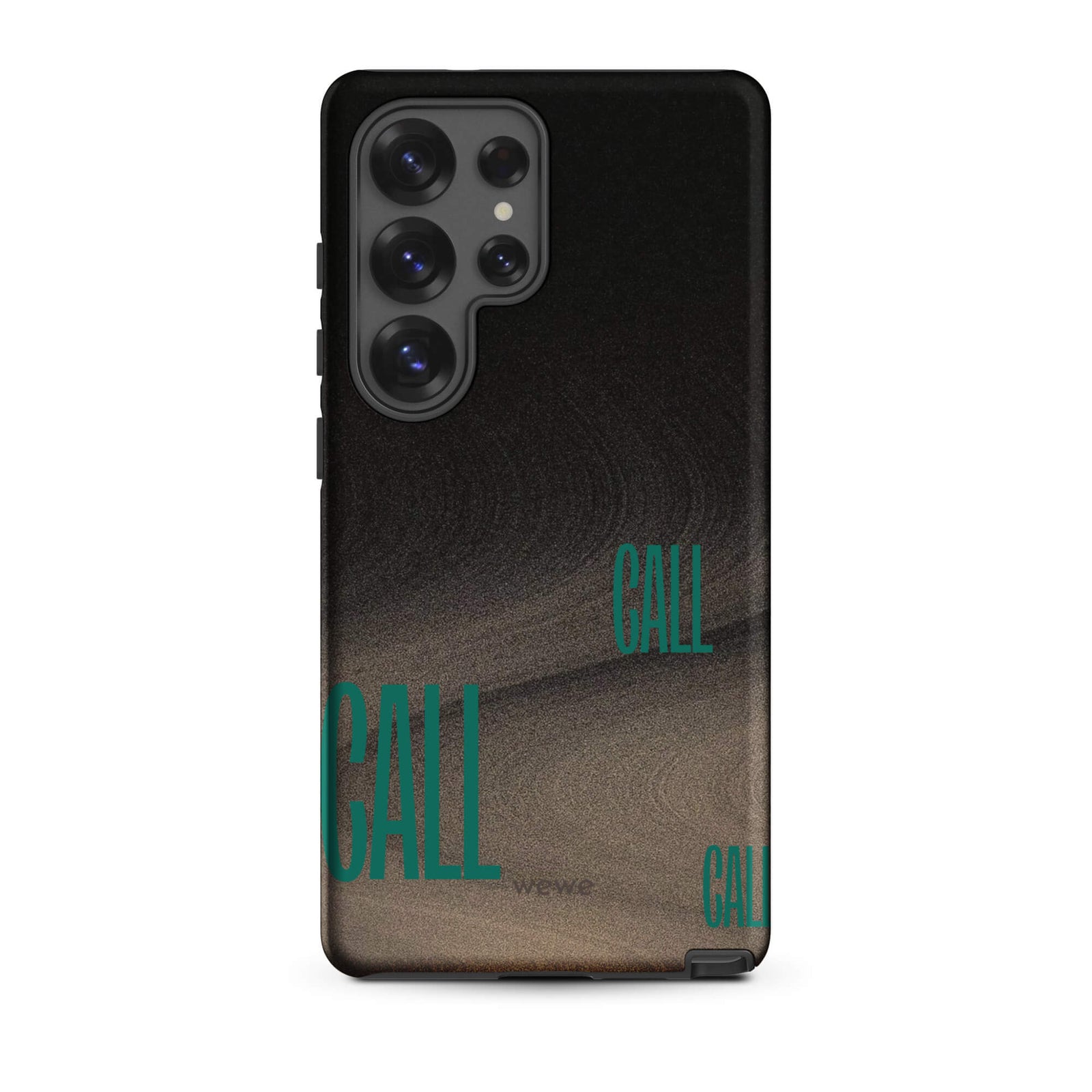 Custom samsunng galaxy s25 ultra  Phone case with a black and metallic, textured grunge background and the word "CALL" repeated in a stylized green-blue font.