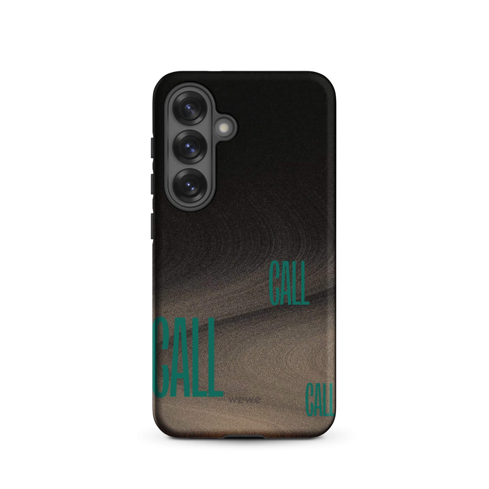 Custom samsunng galaxy s25 Phone case with a black and metallic, textured grunge background and the word "CALL" repeated in a stylized green-blue font.