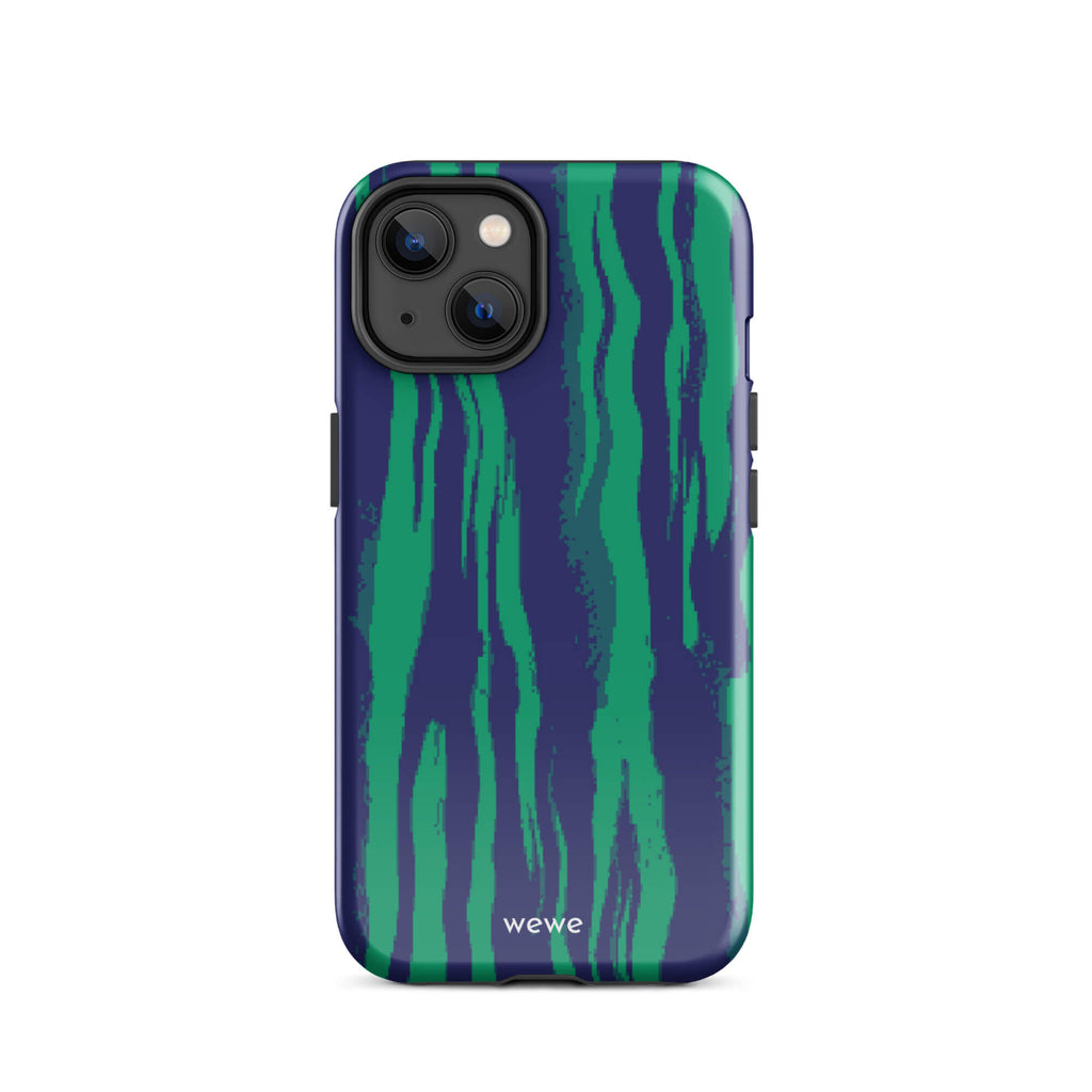 Custom iPhone case 14 with a white and pale purple abstract, wavy, or groovy pattern.