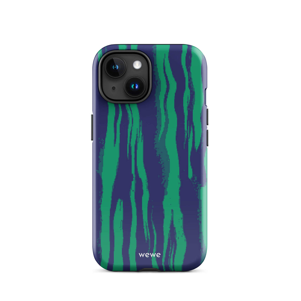 Custom iPhone case 15 with a white and pale purple abstract, wavy, or groovy pattern.