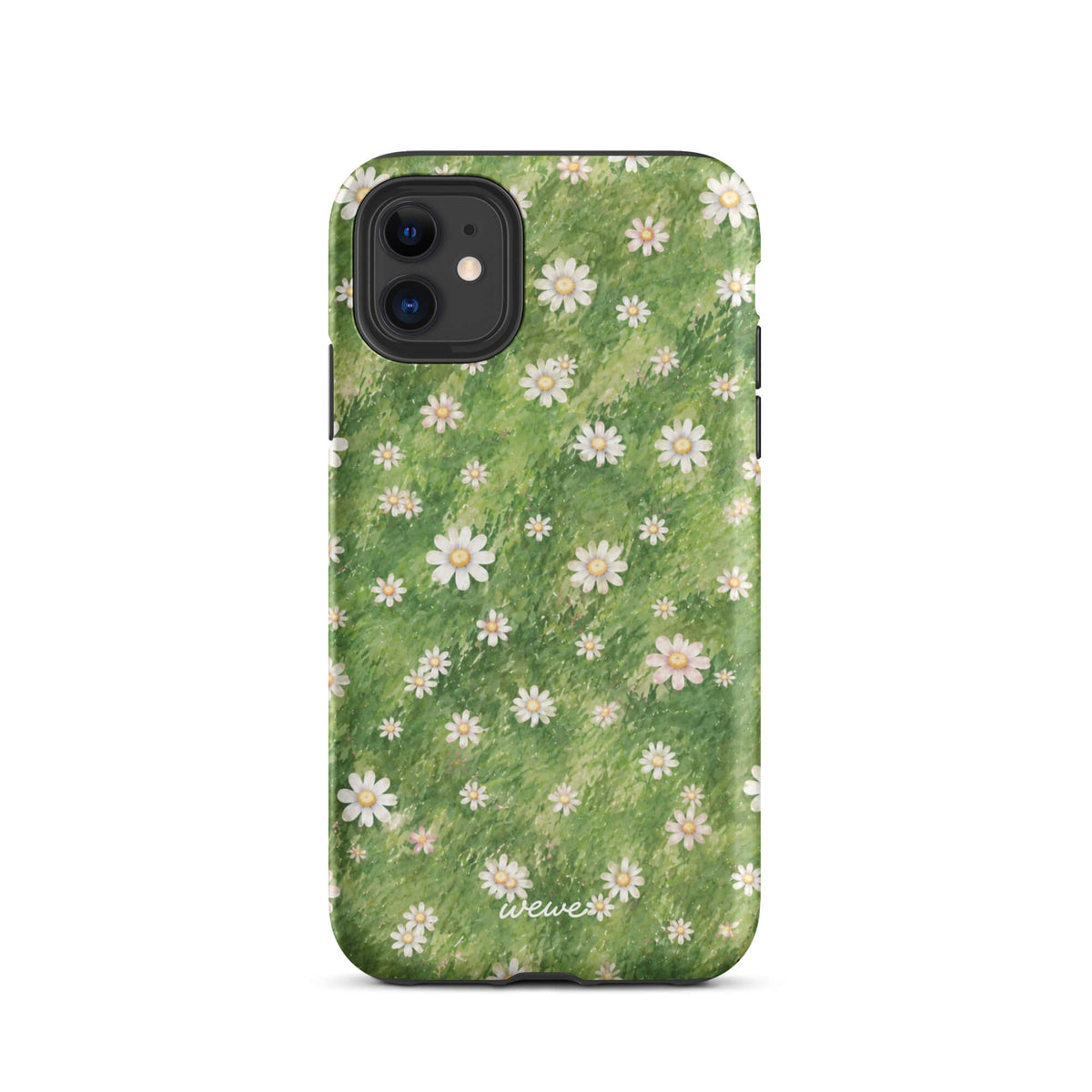 Green painterly meadow phone case covered with scattered white daisies and soft yellow flower centers