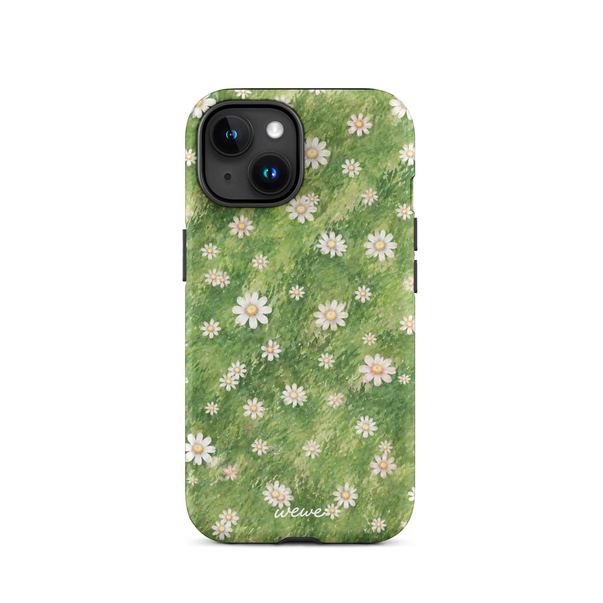 Green painterly meadow phone case covered with scattered white daisies and soft yellow flower centers