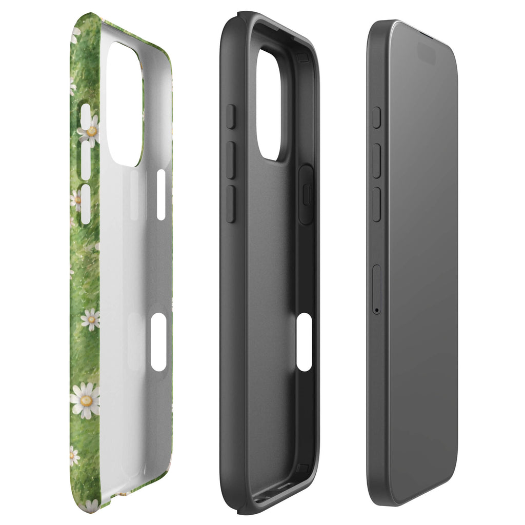 Green painterly meadow phone case covered with scattered white daisies and soft yellow flower centers