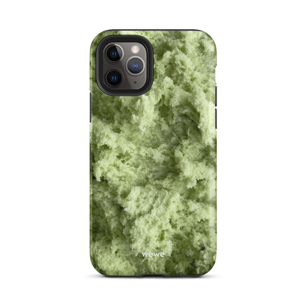 Custom iPhone case 11 pro with a close-up, macro photo of a light green, frothy texture, resembling ice cream or foam.