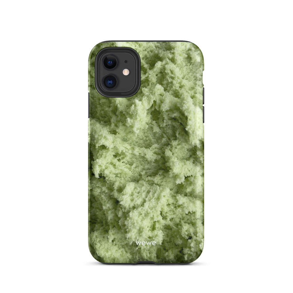 Custom iPhone case 11 with a close-up, macro photo of a light green, frothy texture, resembling ice cream or foam.