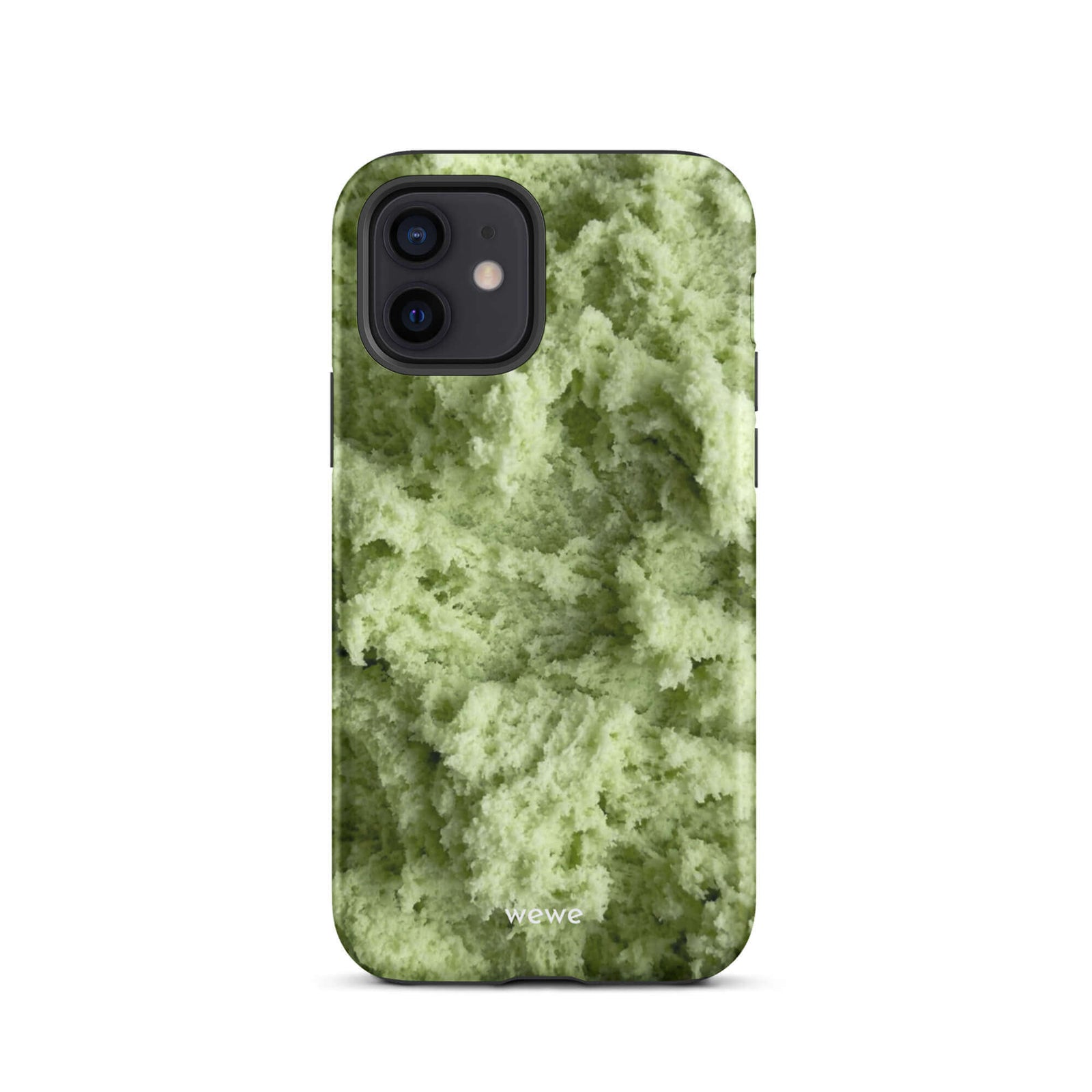 Custom iPhone case 12 with a close-up, macro photo of a light green, frothy texture, resembling ice cream or foam.