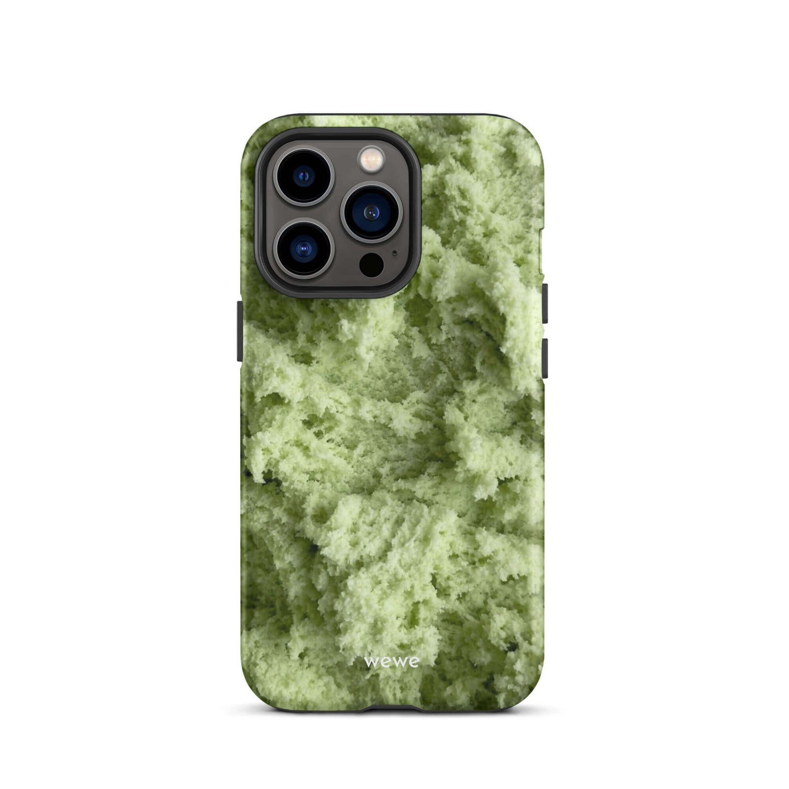 Custom iPhone case 13 pro with a close-up, macro photo of a light green, frothy texture, resembling ice cream or foam.